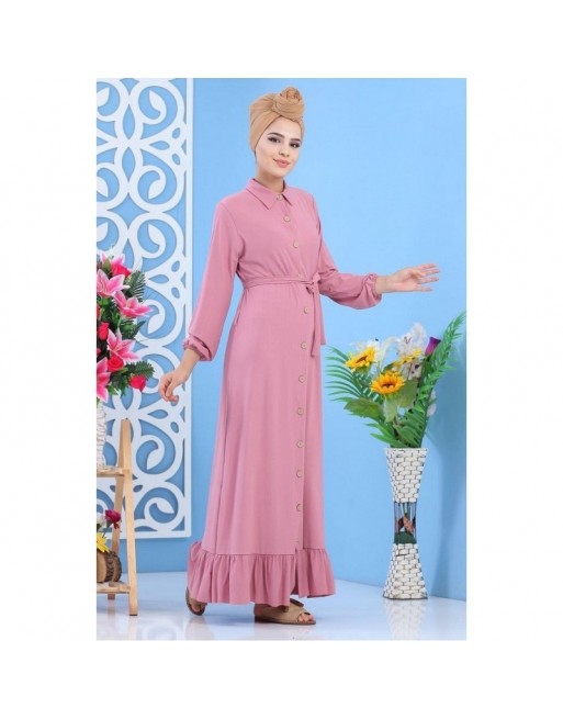 Robe longue boutonnée de couleur rose pour femme (Vêtement ample turque) Robe longue boutonnée de couleur rose pour femme (Vêtement ample turque)