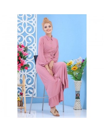 Robe longue boutonnée de couleur rose pour femme (Vêtement ample turque) 
