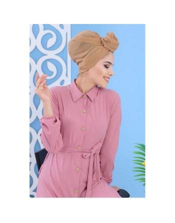 Robe longue boutonnée de couleur rose pour femme (Vêtement ample turque) 