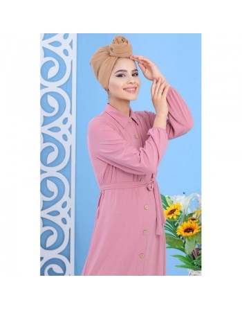 Robe longue boutonnée de couleur rose pour femme (Vêtement ample turque) 