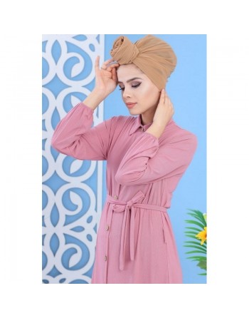 Robe longue boutonnée de couleur rose pour femme (Vêtement ample turque) 