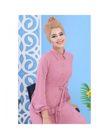 Robe longue boutonnée de couleur rose pour femme (Vêtement ample turque) 