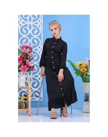 Robe longue boutonnée pour femme - Couleur noire 