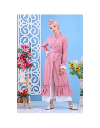 Robe avec ceinture de couleur rose clair (Vêtement turque femme moderne) 
