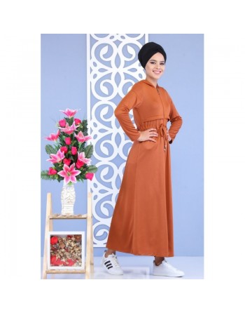 Robe longue zippée à capuche pour femme - Couleur rouille 
