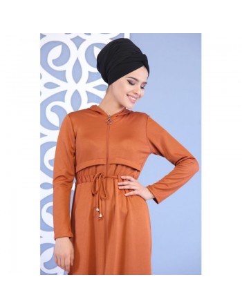 Robe longue zippée à capuche pour femme - Couleur rouille 