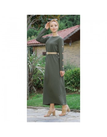 Robe longue de ville décoration boutons pour femme - Couleur kaki foncé 