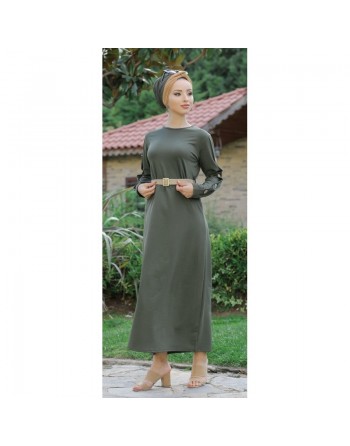 Robe longue de ville décoration boutons pour femme - Couleur kaki foncé 