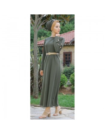 Robe longue de ville décoration boutons pour femme - Couleur kaki foncé 