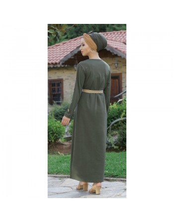 Robe longue de ville décoration boutons pour femme - Couleur kaki foncé 