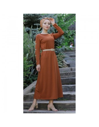 Robe de ville longue décoration boutons pour femme - Couleur rouille 