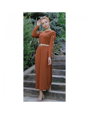 Robe de ville longue décoration boutons pour femme - Couleur rouille 