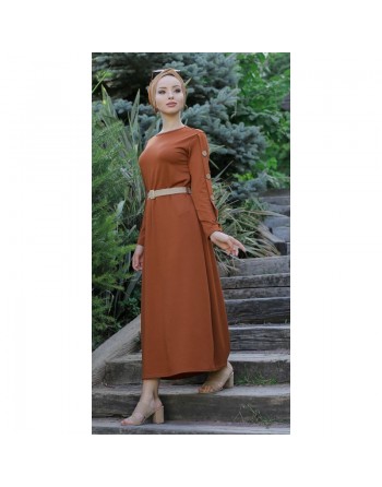 Robe de ville longue décoration boutons pour femme - Couleur rouille 