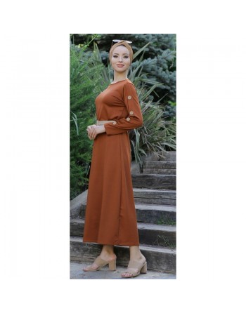 Robe de ville longue décoration boutons pour femme - Couleur rouille 
