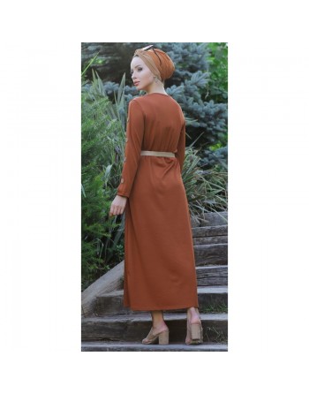 Robe de ville longue décoration boutons pour femme - Couleur rouille 