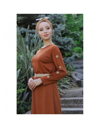 Robe de ville longue décoration boutons pour femme - Couleur rouille 