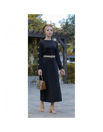 Robe de ville longue décoration boutons pour femme - Couleur noire 