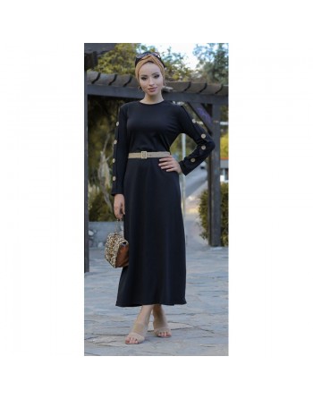 Robe de ville longue décoration boutons pour femme - Couleur noire 