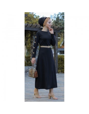 Robe de ville longue décoration boutons pour femme - Couleur noire 