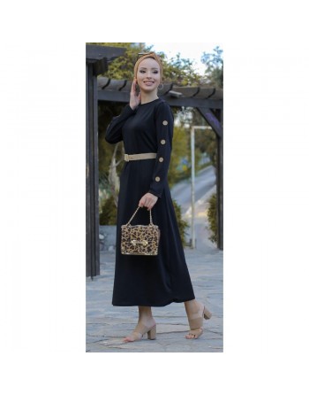 Robe de ville longue décoration boutons pour femme - Couleur noire 