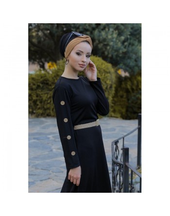 Robe de ville longue décoration boutons pour femme - Couleur noire 