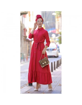 Robe longue de ville boutonnée avec ceinture pour femme - Couleur rouge coquelicot (Vêtement femme moderne - Marque Amelis) 