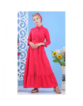 Robe longue de ville boutonnée avec ceinture pour femme - Couleur rouge coquelicot (Vêtement femme moderne - Marque Amelis) 