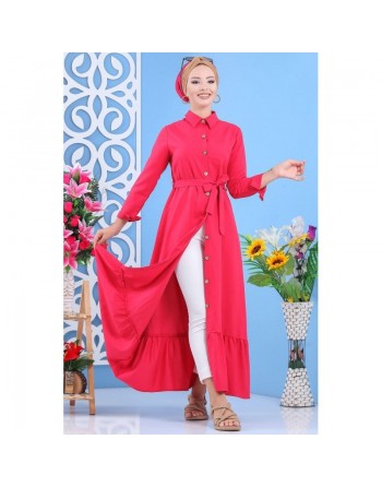 Robe longue de ville boutonnée avec ceinture pour femme - Couleur rouge coquelicot (Vêtement femme moderne - Marque Amelis) 