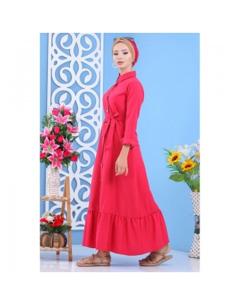 Robe longue de ville boutonnée avec ceinture pour femme - Couleur rouge coquelicot (Vêtement femme moderne - Marque Amelis) 