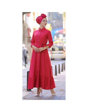 Robe longue de ville boutonnée avec ceinture pour femme - Couleur rouge coquelicot (Vêtement femme moderne - Marque Amelis) 
