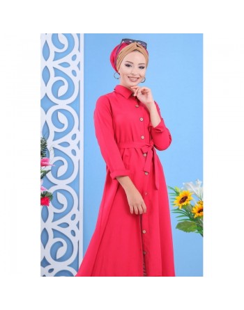 Robe longue de ville boutonnée avec ceinture pour femme - Couleur rouge coquelicot (Vêtement femme moderne - Marque Amelis) 