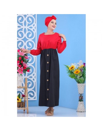 Robe longue bicolore à boutons pour femme - Couleur rouge coquelicot 