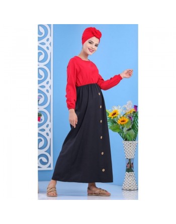 Robe longue bicolore à boutons pour femme - Couleur rouge coquelicot 