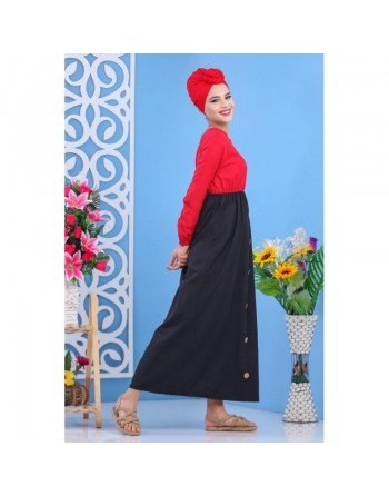 Robe longue bicolore à boutons pour femme - Couleur rouge coquelicot 