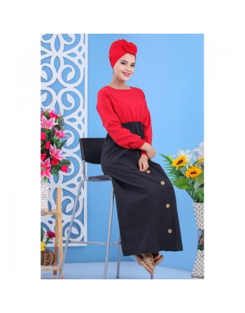 Robe longue bicolore à boutons pour femme - Couleur rouge coquelicot 