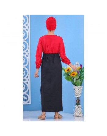 Robe longue bicolore à boutons pour femme - Couleur rouge coquelicot 