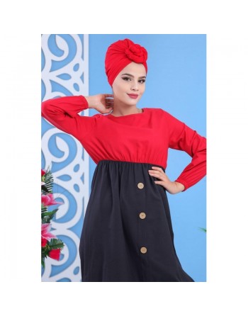 Robe longue bicolore à boutons pour femme - Couleur rouge coquelicot 