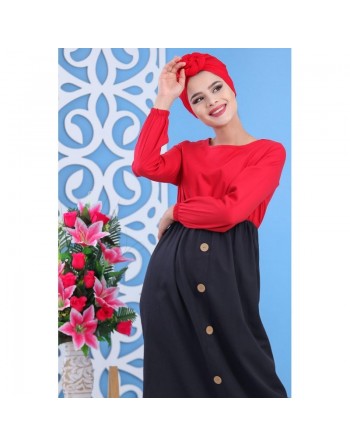 Robe longue bicolore à boutons pour femme - Couleur rouge coquelicot 