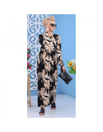 Robe décontractée à motifs feuilles pour femme - Couleur beige, noir et blanc 
