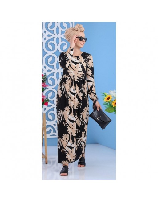Robe décontractée à motifs feuilles pour femme - Couleur beige, noir et blanc Robe décontractée à motifs feuilles pour femme - Couleur beige, noir et blanc
