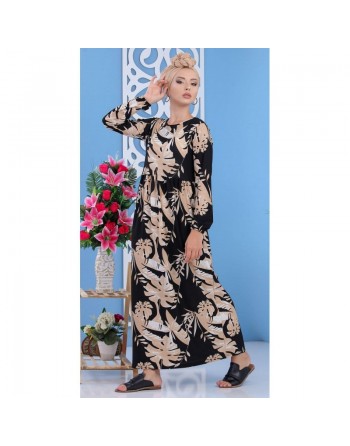 Robe décontractée à motifs feuilles pour femme - Couleur beige, noir et blanc 