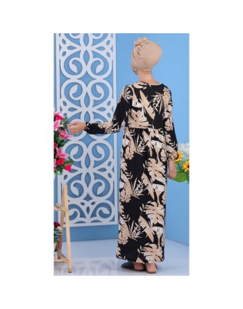 Robe décontractée à motifs feuilles pour femme - Couleur beige, noir et blanc 