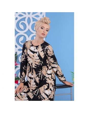 Robe décontractée à motifs feuilles pour femme - Couleur beige, noir et blanc 