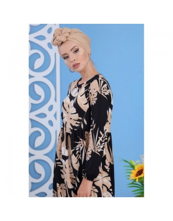 Robe décontractée à motifs feuilles pour femme - Couleur beige, noir et blanc 