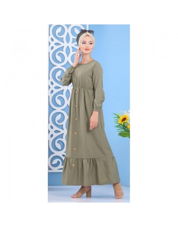 Robe longue à boutons de couleur kaki (Vêtement ample et chic pour femme) 