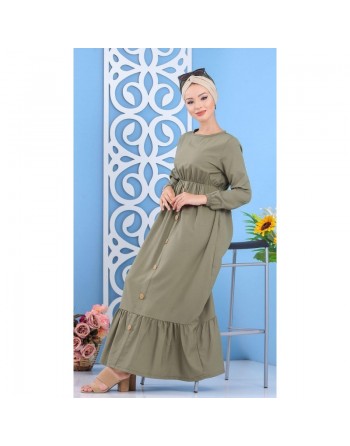 Robe longue à boutons de couleur kaki (Vêtement ample et chic pour femme) 
