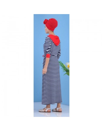 Robe décontractée à rayures blanches capuche rouge pour femme (Robes pas cher) 