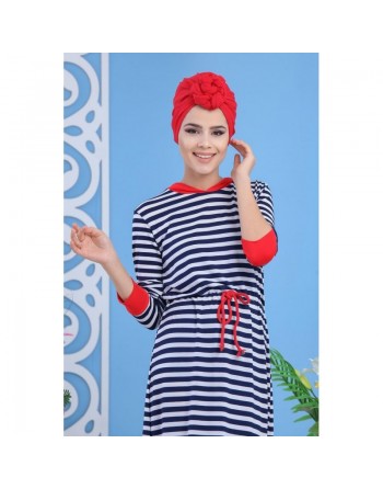 Robe décontractée à rayures blanches capuche rouge pour femme (Robes pas cher) 