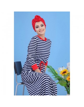 Robe décontractée à rayures blanches capuche rouge pour femme (Robes pas cher) 