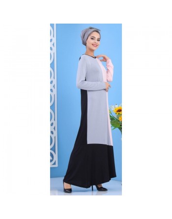 Robe longue tricolore pour femme (noir, gris et rose) 